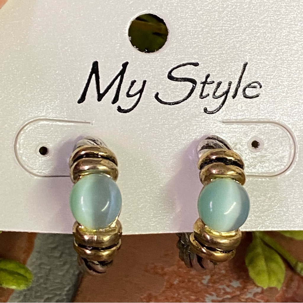 Fashion Silver & Gold Tone Small Hoop Earrings Green Tiger Eye Detail
